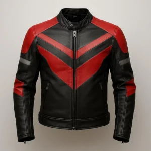 Men's Black Leather Jacket – Red & Grey Armored Biker Style