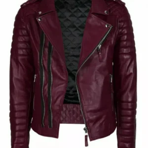 Men's Real Lambskin Leather Quilted Biker Burgundy Jacket Motorcycle Coat