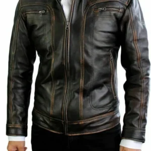 Men's Genuine Distressed Leather Jacket Cafe Racer Motorcycle Biker Black