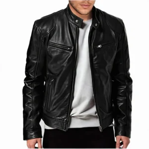 Cafe Racer Men's Leather Jacket Genuine Sheep Skin Motorcycle Biker Black