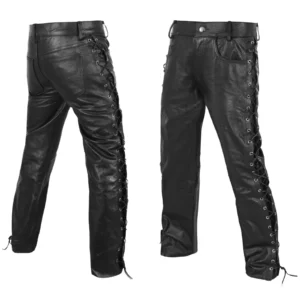 DEFY Men's Motorbike Cow Leather Jeans Style Side Laces Nightclub Pant