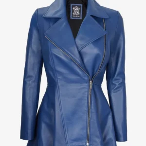Women's New Slim Fit Moto Biker Genuine Sheepskin Blue Leather Peplum Jacket