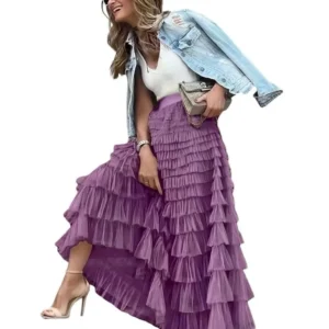 Y2k Purple High Waist Tiered Layered Ruffle Tulle Maxi Skirt L Party/Cocktail