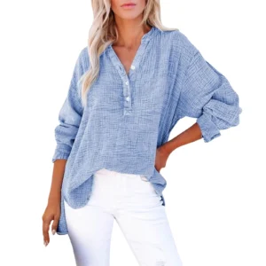 Womens Casual Button V Neck Long Sleeve Shirts Oversized Solid Fall Blouses Tops
