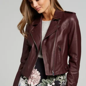 Women's Leather Jacket Burgundy Soft Lambskin Biker Motorcycle Coat Jacket