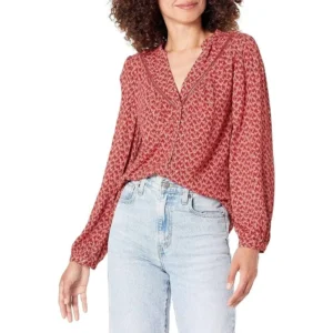 Paige Printed Blouse Doris V-Neck Long Sleeve Casual Top Red Shimmer