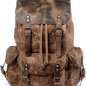 Men Waxed Canvas Leather Backpack Travel Rucksack Camping Hiking School Book Bag