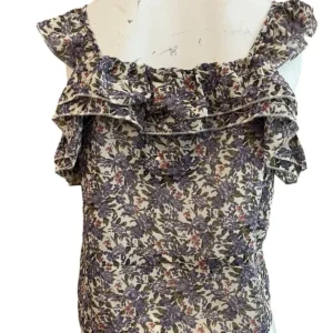 Ladies Small Purple Floral Sleeveless Blouse Smocked Ruffled Button Ties NWT