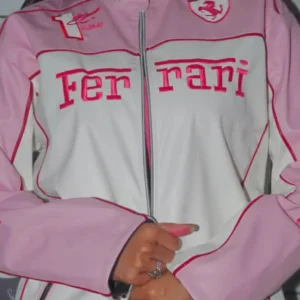 Women's Ferrari Leather Jacket White & Pink - Real Cowhide Leather Racing Jacket